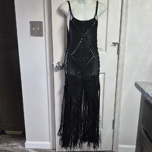 VENUS Black Crochet Fringe Maxi Dress